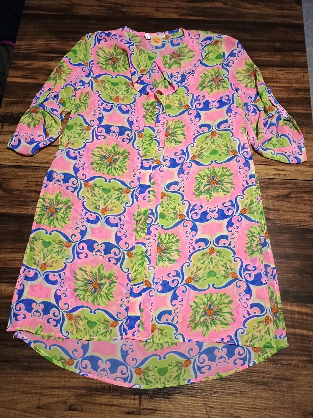 Beach Cover Up Floral Pink Blue Green Round Neck 3/4 Sleeve Button M